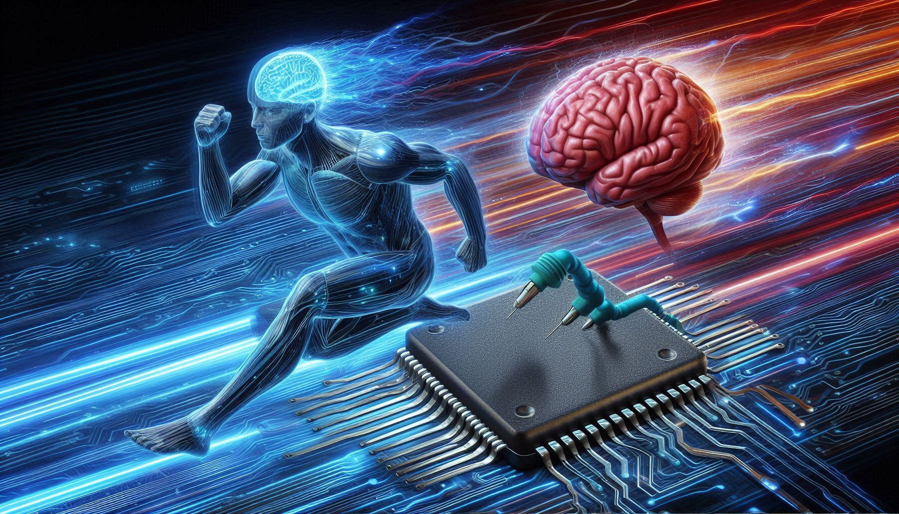 A human brain and a computer chip racing each other, with the computer chip pulling ahead