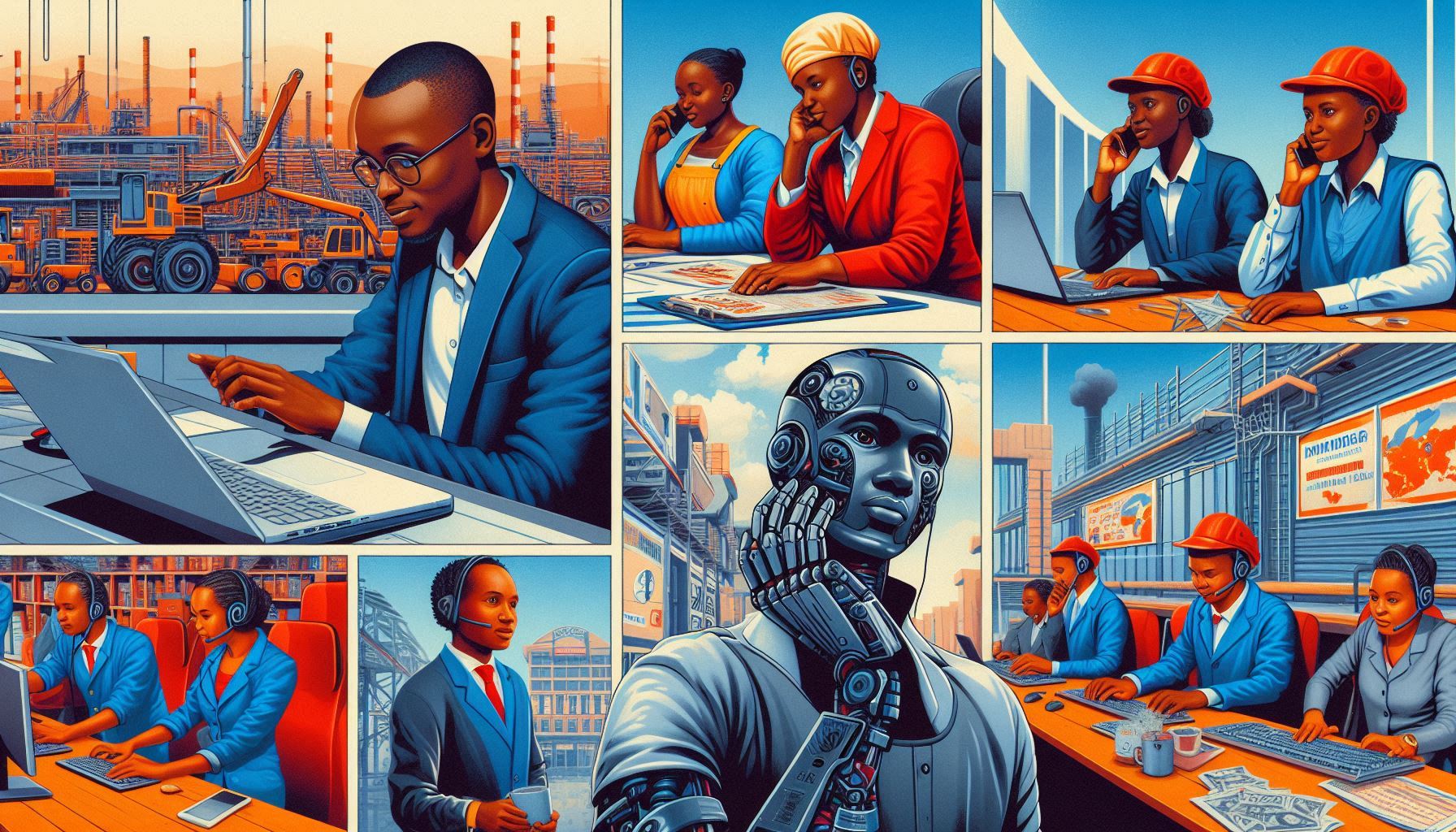 A collage of images depicting jobs that are susceptible to automation in Kenya, such as factory workers, data entry clerks, and call center agents