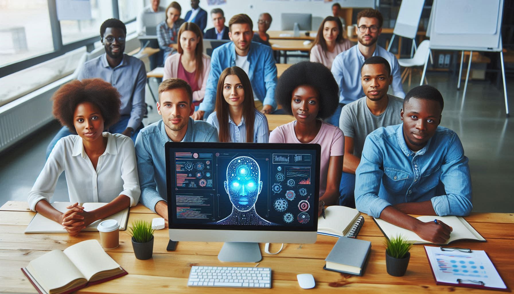 A diverse group of people attending an AI training workshop