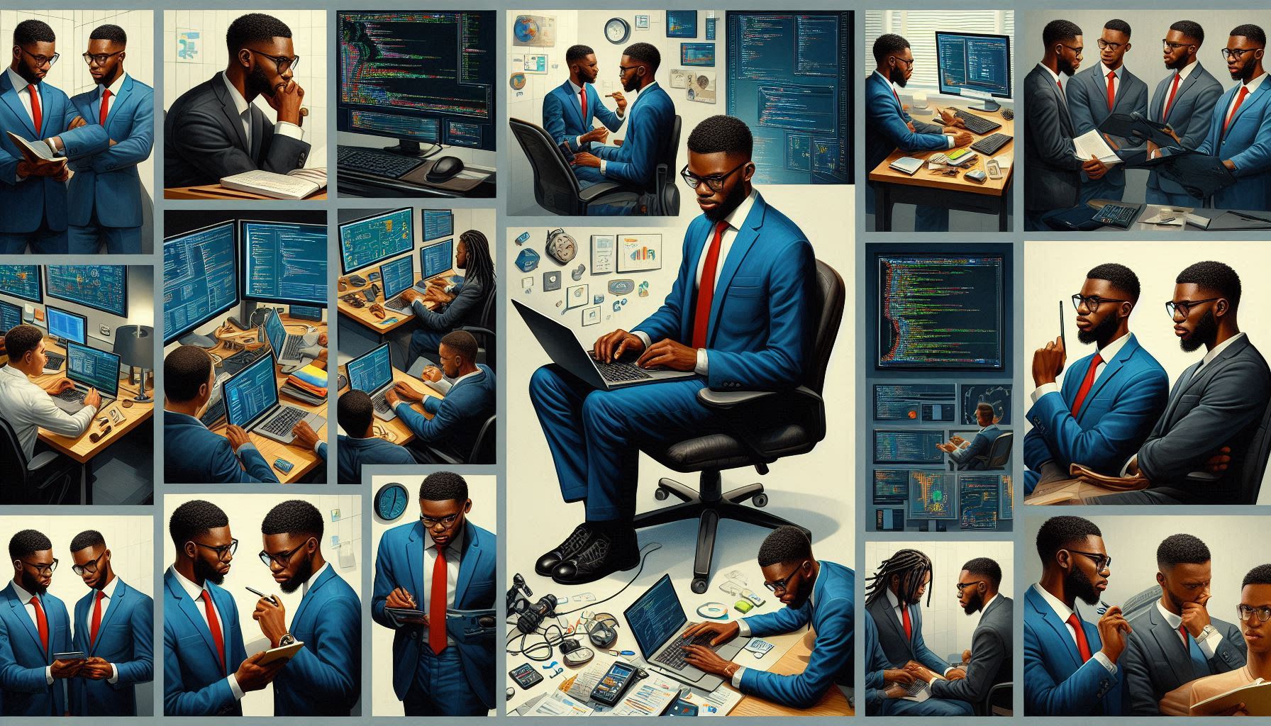 A collage of images depicting a programmer engaged in various tasks, such as problem-solving, coding, testing, and collaborating with a team - Espiknow