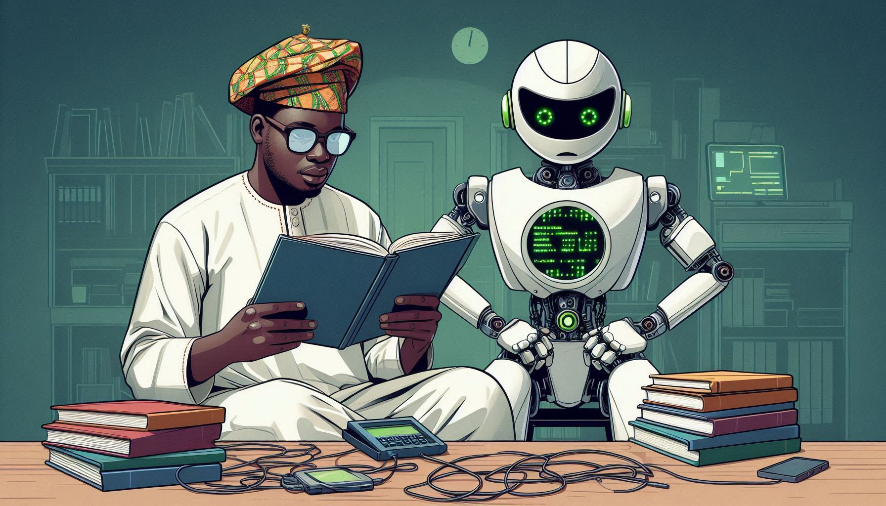 A human reading a book and a robot being programmed