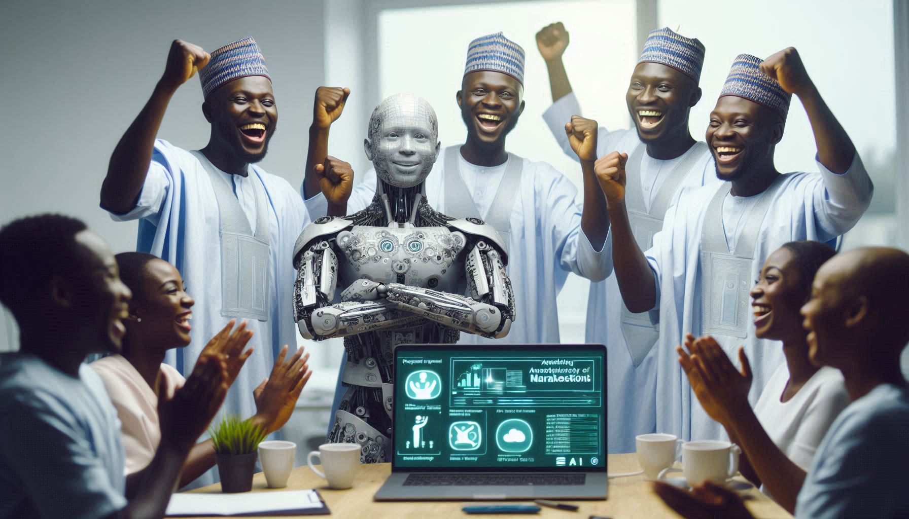  A group of people celebrating their successful marketing campaign, powered by AI-enhanced human-like content - Espiknow