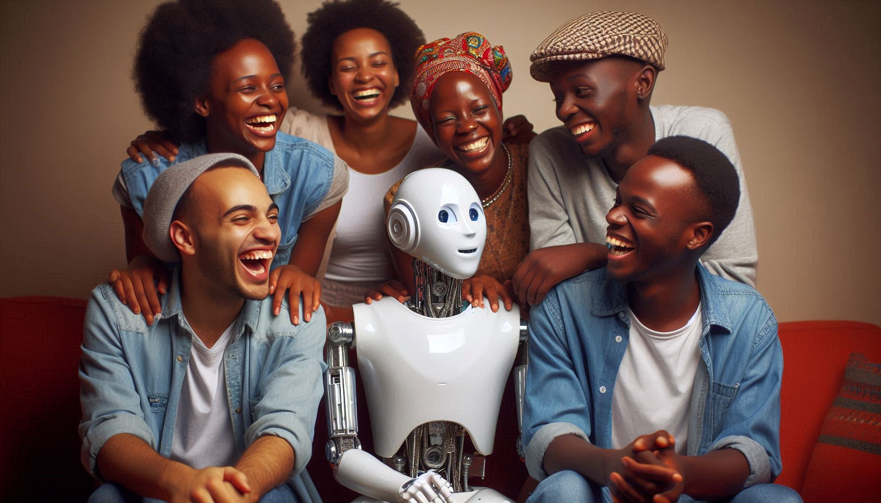 A group of friends laughing and talking together, contrasted with a robot attempting to mimic human emotions