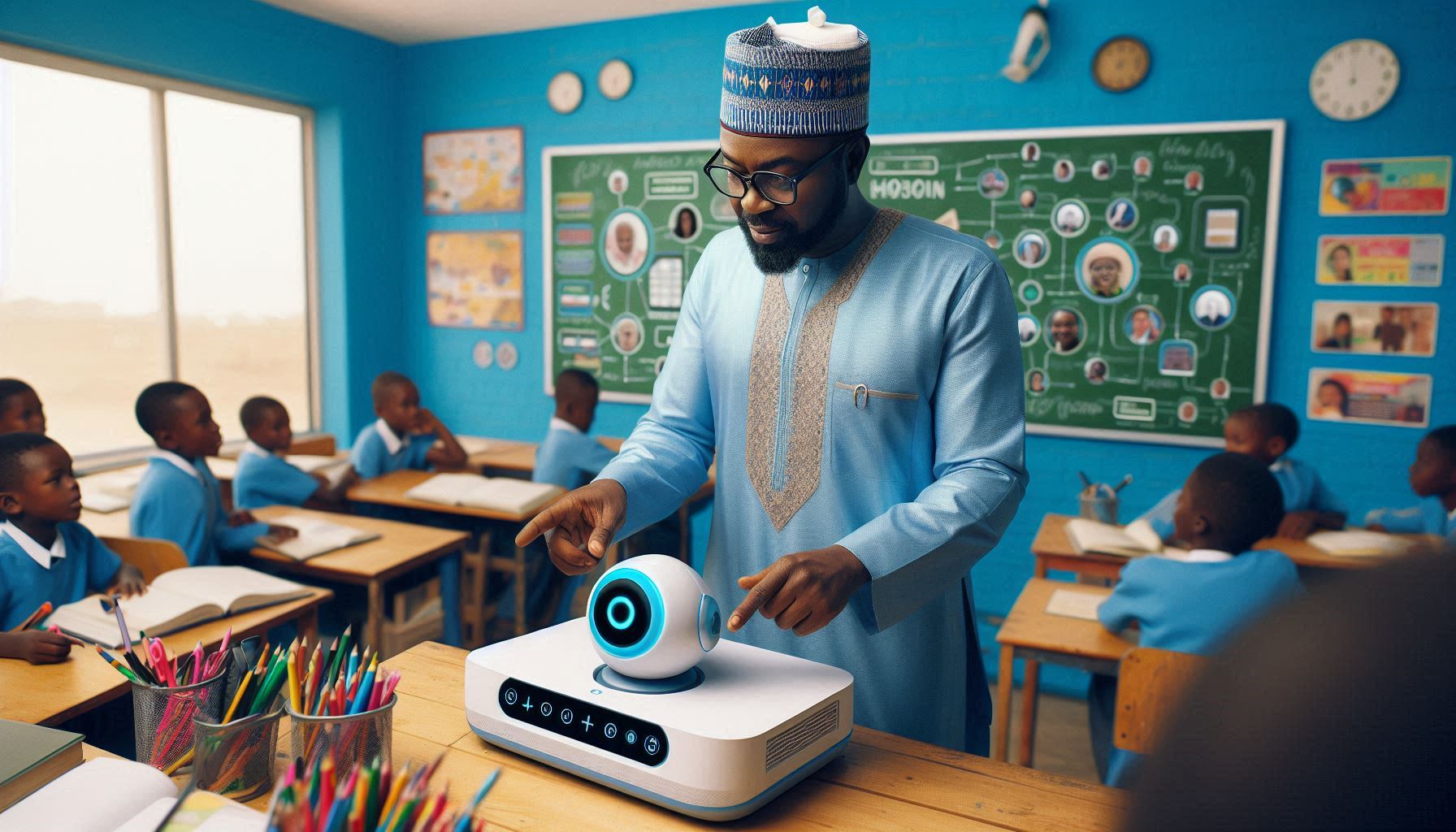 A nigerian teacher using an AI-powered smartboard to conduct an interactive lesson.