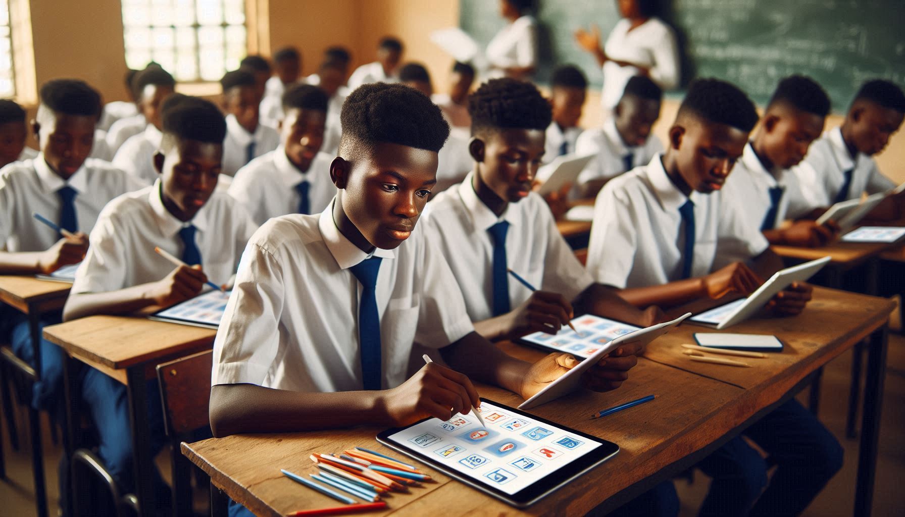 A classroom of students using tablets with personalized learning plans displayed on their screens