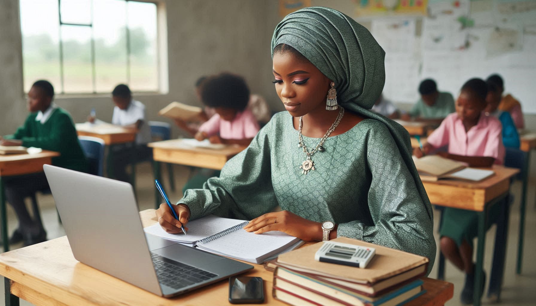 A teacher grading assignments on a laptop, with an AI-driven tool providing real-time feedback.