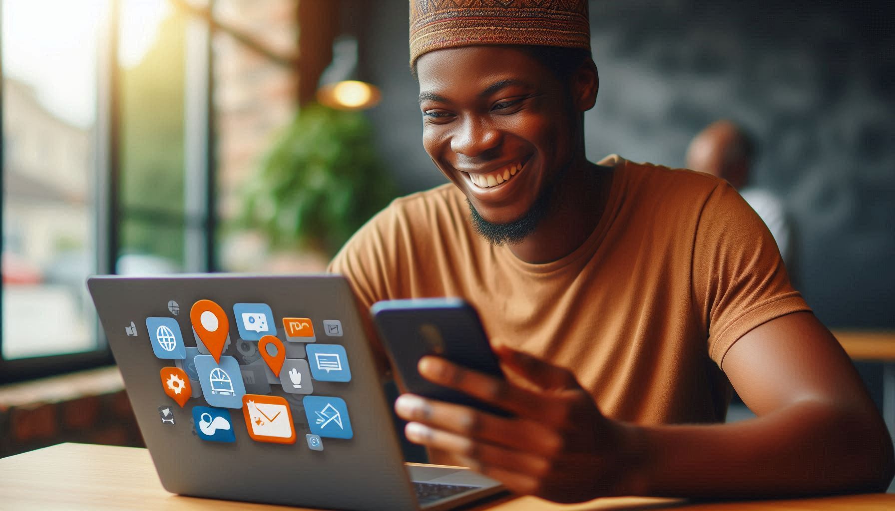 A nigerian smiling and reading engaging content on their laptop, showcasing the improved user experience. Screen of the mac must be facing the user - Espiknow 