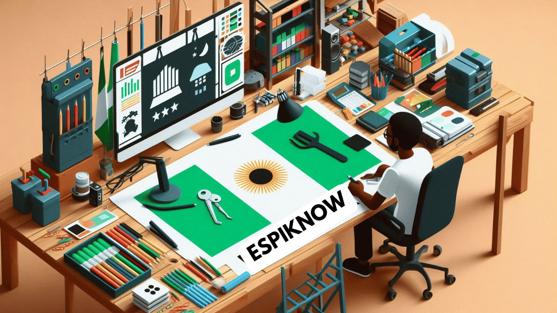 Espiknow AI's logo alongside a person working productively at a desk, surrounded by creative tools - Espiknow